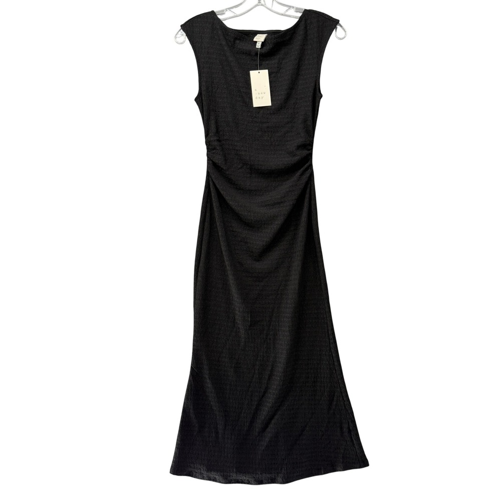 A New Day Bodycon Midi Dress Women Textured Ruched Black XS Sleeveless Boat Neck